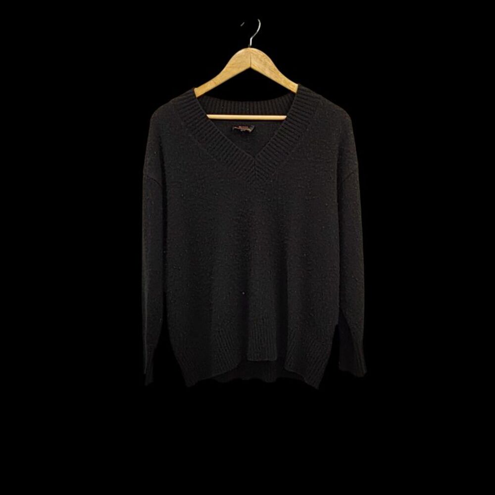 Quince Women Mongolian Cashmere Oversized V-Neck Sweater Black Sleeved Top XS